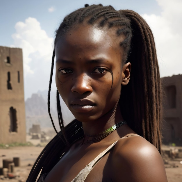 A woman with braids and a tear on her face is standing in front of a ruins.