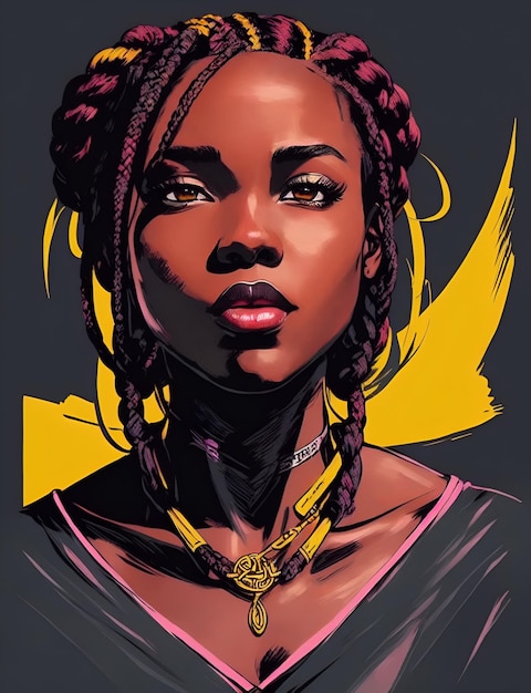 A woman with braids and a yellow necklace is looking to the left.