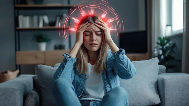 a woman with a brain in her head is looking up with a red brain in her hand