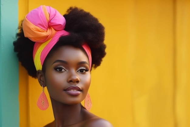 A woman with a bright colored turban on her head stands in front of a yellow background.