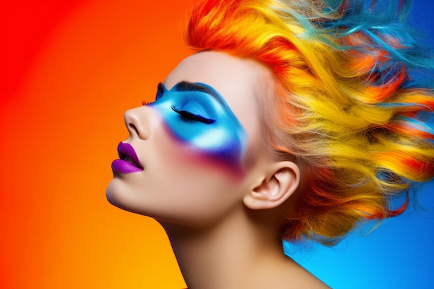 Woman with bright hair and blue and yellow make up on her face Generative AI