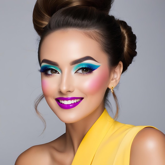 a woman with a bright makeup and a yellow dress with a blue and pink eye shadow