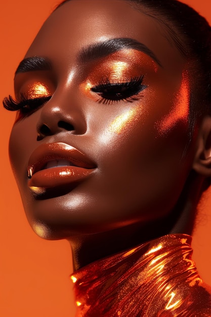 A woman with a bright orange background