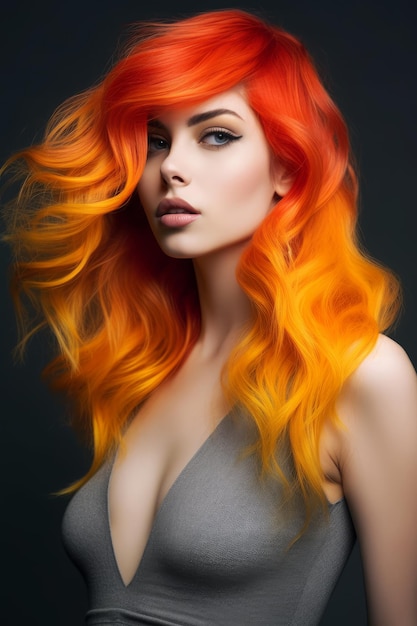 A woman with bright orange hair is posing for a photo