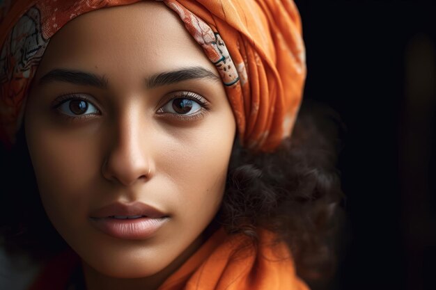 A woman with a bright orange scarf and a yellow headband looks into the camera.