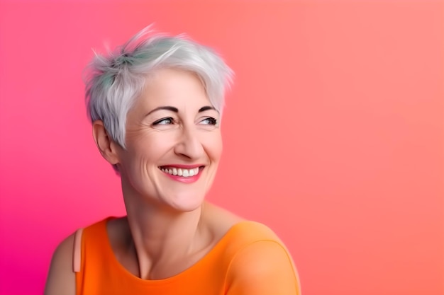 A woman with a bright orange shirt and a white bag smiles.