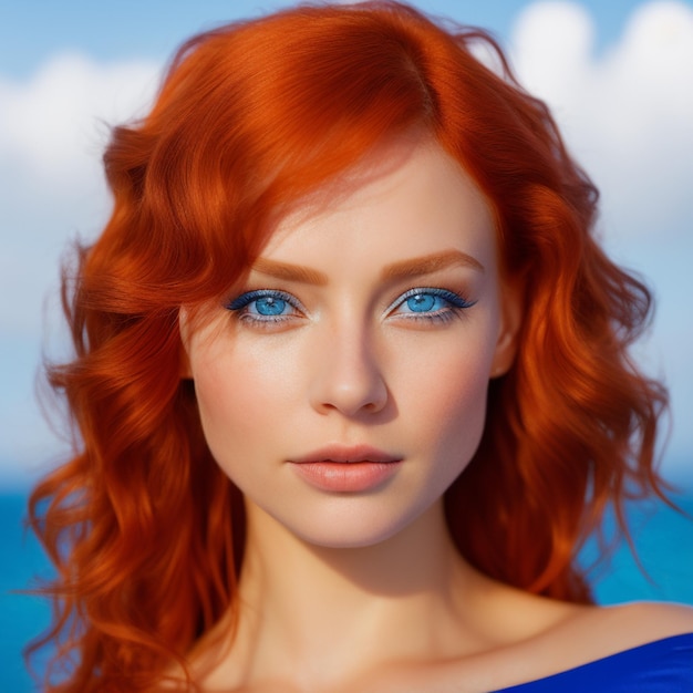 A woman with bright red hair and blue eyes looks into the camera.