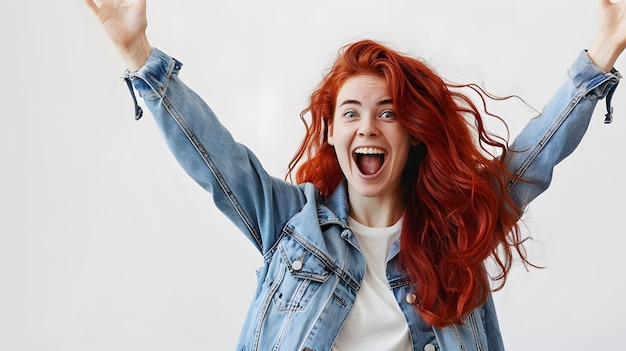 Photo a woman with bright red hair and a denim jacket is looking upwards with an openmouthed smile her