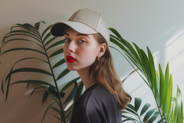 Photo a woman with bright red lipstick and a chic cap stands against a plantfilled backdrop merging fashion with nature effortlessly