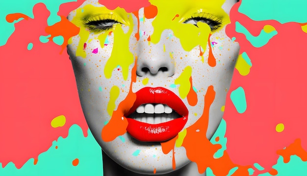 A woman with a bright red lipstick and yellow paint on her face.