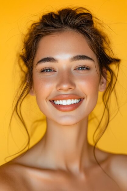 Photo a woman with a bright smile on a yellow background