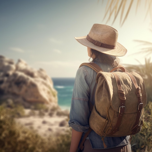 A woman with a brown backpack is looking at the ocean.