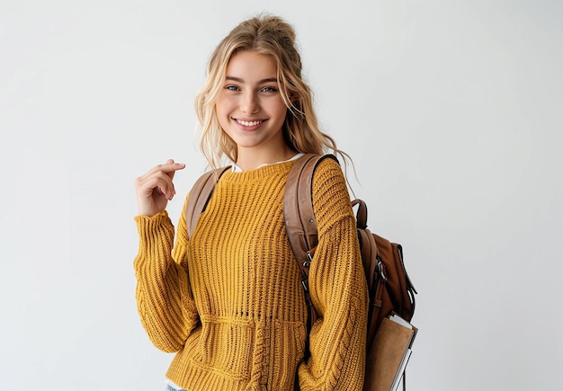 a woman with a brown bag on her shoulder