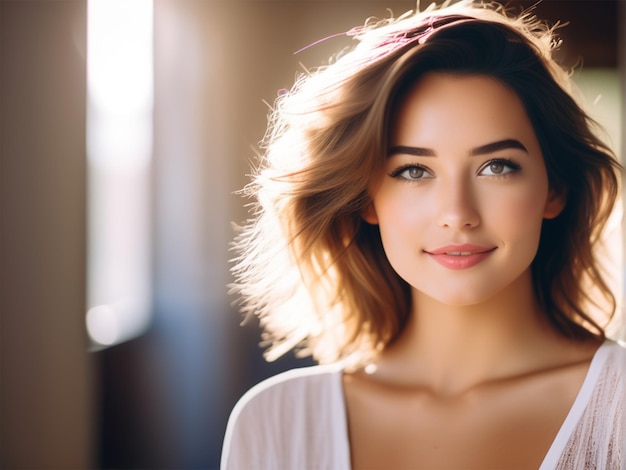 A woman with brown or blue eyes and brown hair