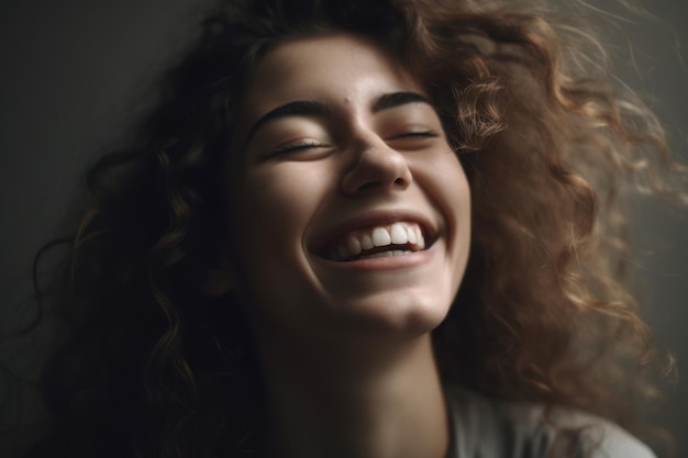 A woman with brown curly hair smiles and smiles.