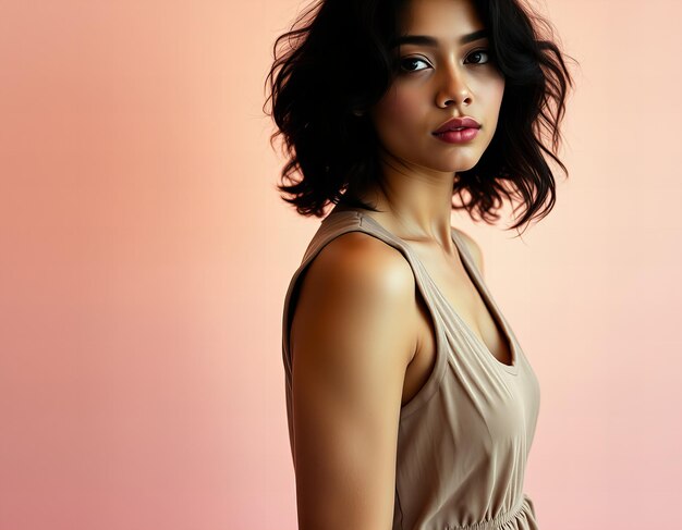 Photo a woman with a brown dress and a tan top is posing for a photo