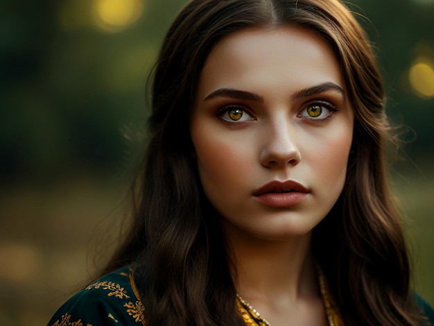 a woman with brown eyes and a gold necklace is standing in front of a forest