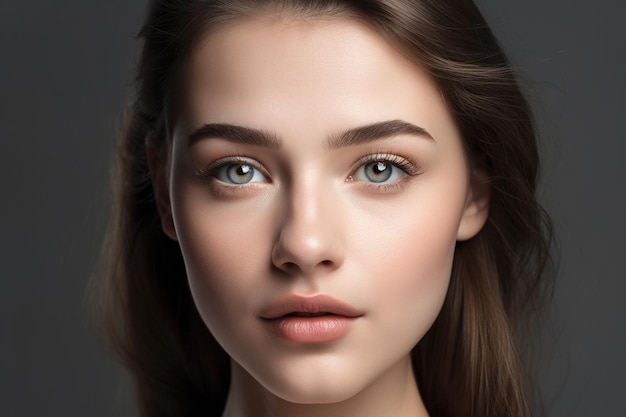 A woman with brown eyes and a green eyebrow looks into the camera.