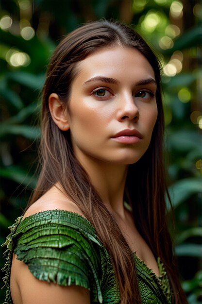 Photo a woman with brown eyes and a green shirt