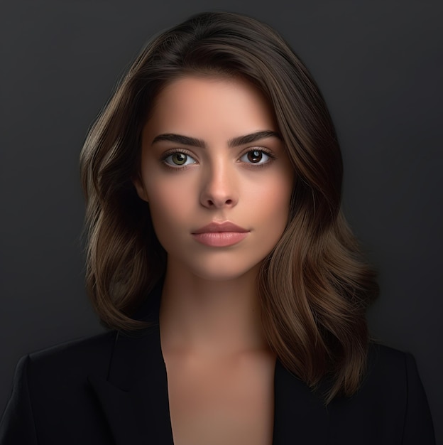 A woman with brown hair and a black blazer stands in front of a dark background.