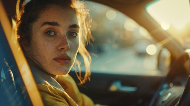 A woman with brown hair and blue eyes is sitting in a car She is looking at the camera