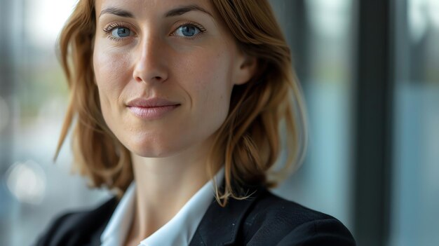 Photo a woman with brown hair and blue eyes looks confidently at the camera