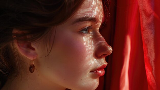 Woman with brown hair and brown earrings is looking out window