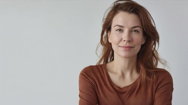 A woman with brown hair and brown shirt