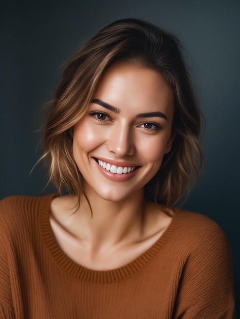 A woman with brown hair and a brown sweater is smiling