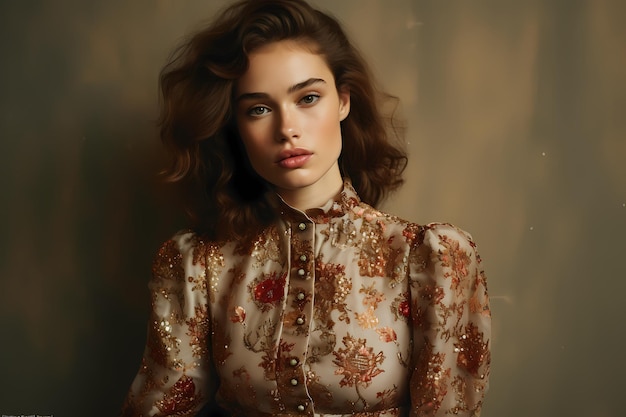 a woman with brown hair and a floral print dress