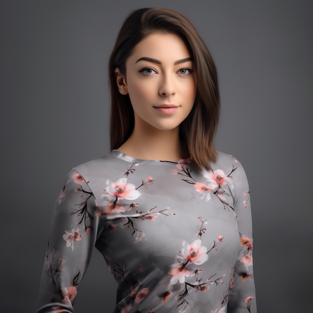 A woman with brown hair and a flowered dress