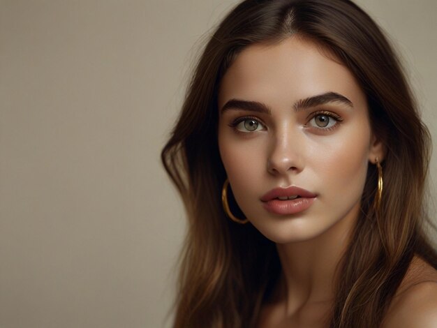 a woman with brown hair and a gold hoop earrings