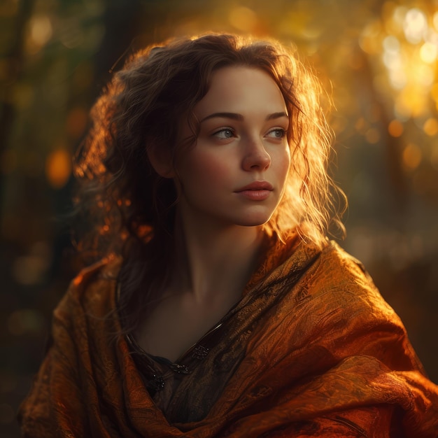 A woman with brown hair and a golden shawl looks into the distance.