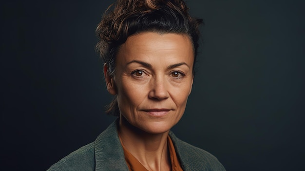 A woman with brown hair and a grey blazer stands in front of a dark background.