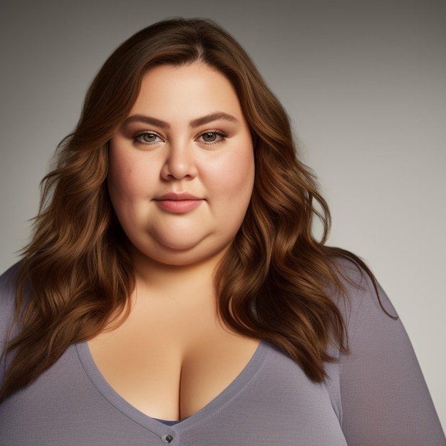 A woman with brown hair and a grey shirt with the word fat on it.