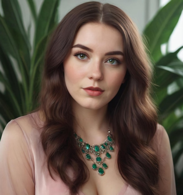 a woman with brown hair and a necklace is posing for a photo