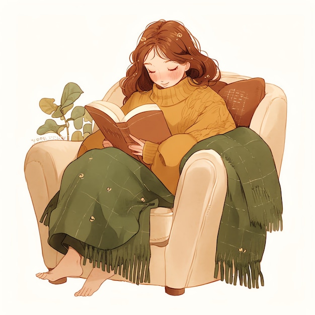 woman with brown hair reading in a cozy chair watercolor cozy