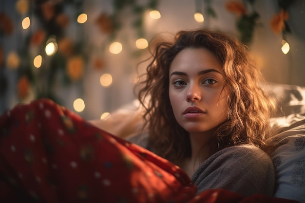 A woman with brown hair sits on a couch with lights around her