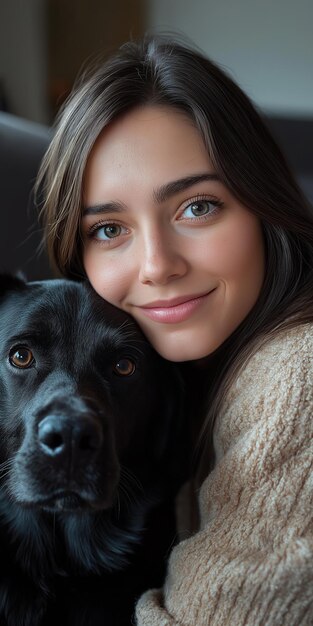 Photo woman with brown hair smiling with dog in cozy living room setting