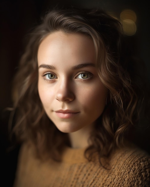 A woman with brown hair and a tan sweater is posing for a portrait.