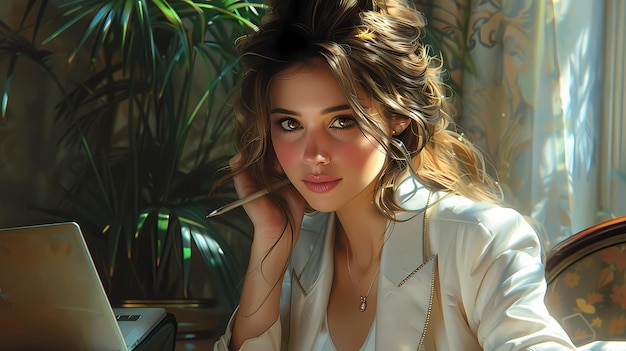 a woman with brown hair and a white shirt is sitting in front of a plant