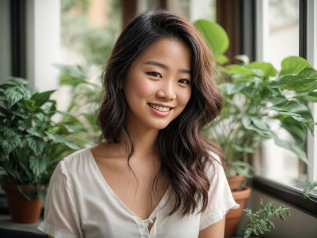 a woman with brown hair and a white shirt that says she is smiling