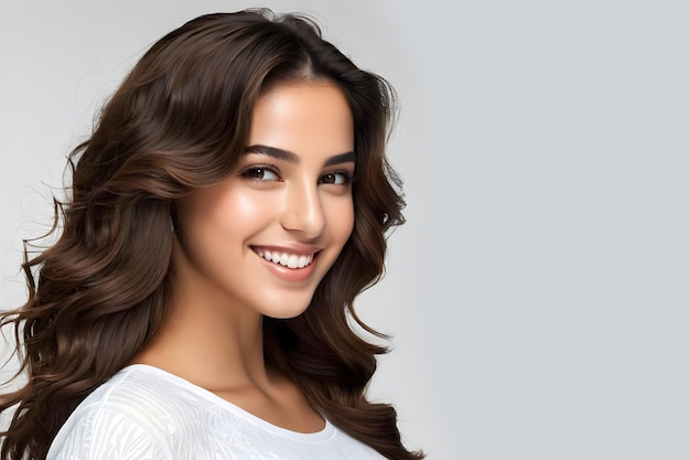 a woman with brown hair and a white shirt that says quot shes smiling quot