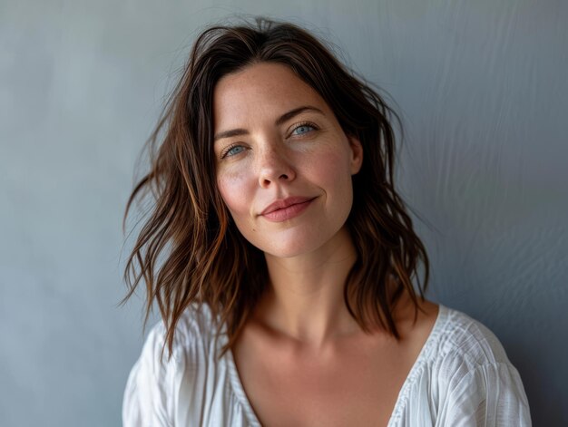 A woman with brown hair and a white shirt