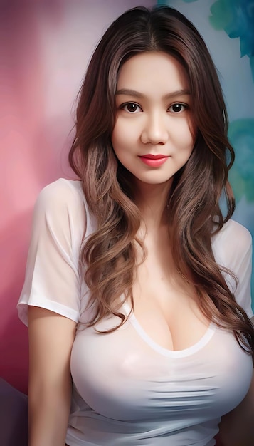 A woman with brown hair and a white top has a pink lip