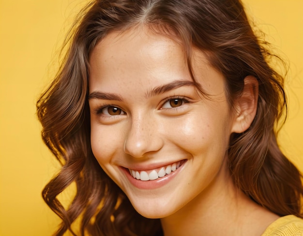 a woman with brown hair and a yellow shirt