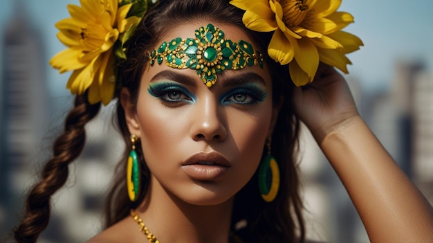 a woman with brown skin decorated with the Brazilian flag