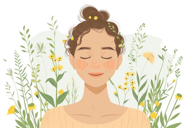 Woman with a bun hairstyle surrounded by wildflowers and green foliage radiating peace and happine