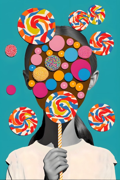 A woman with a bunch of lollipops on her head