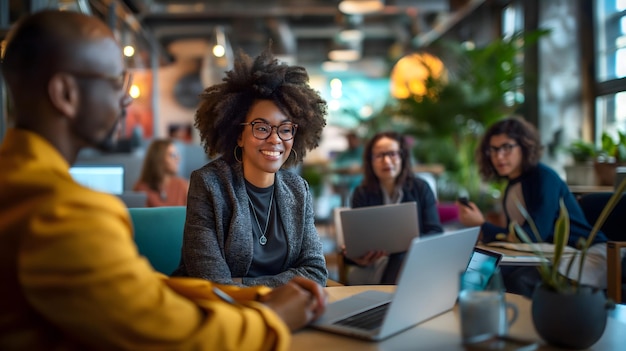 a woman with a bunch of people on her laptops